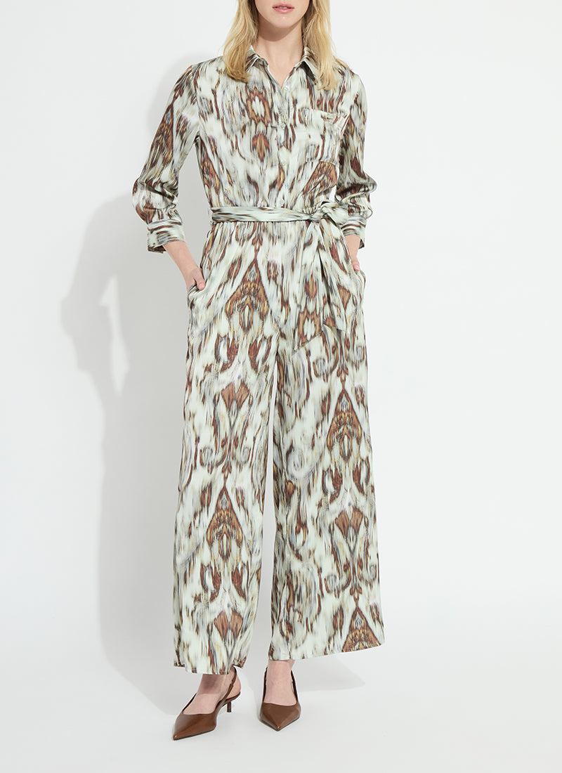Lysse Dahlia Green/Brown Abstract Belted Satin Jumpsuit – Mena and