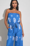 Elan Blue Paisley Embroidery Tube Jumpsuit