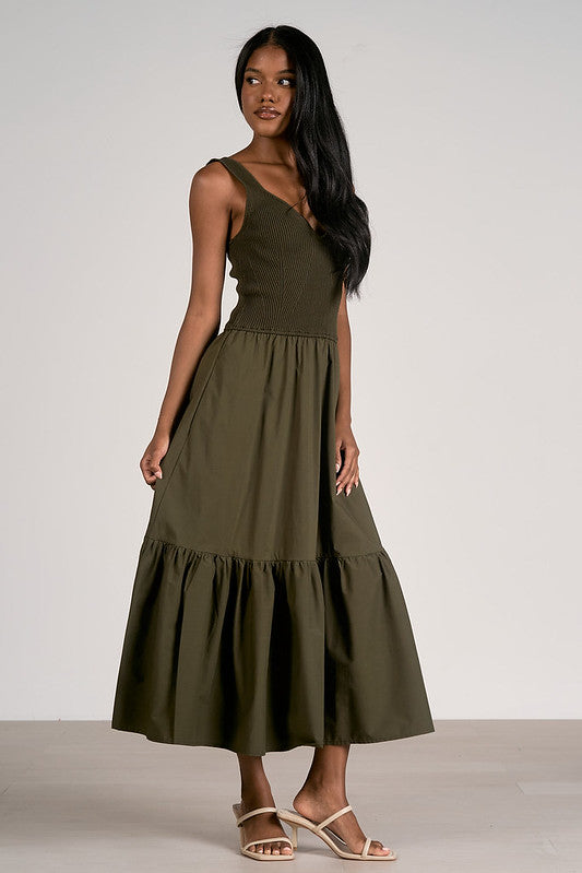 Elan Olive Mixed Knit/Cotton Maxi Dress