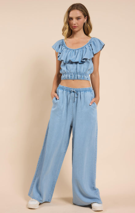 Sadie & Sage Chambray Drawstring Wide Leg Pant