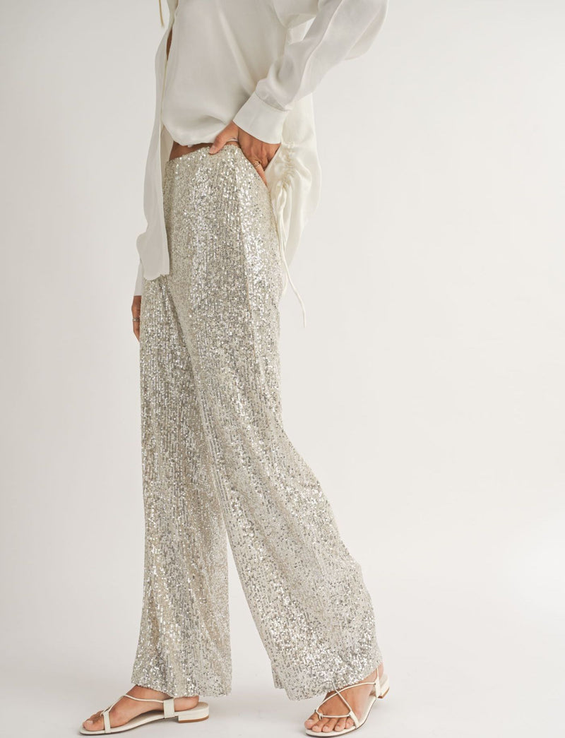 Sadie & Sage Silver Glitter Sequin Champagne Lined Pants