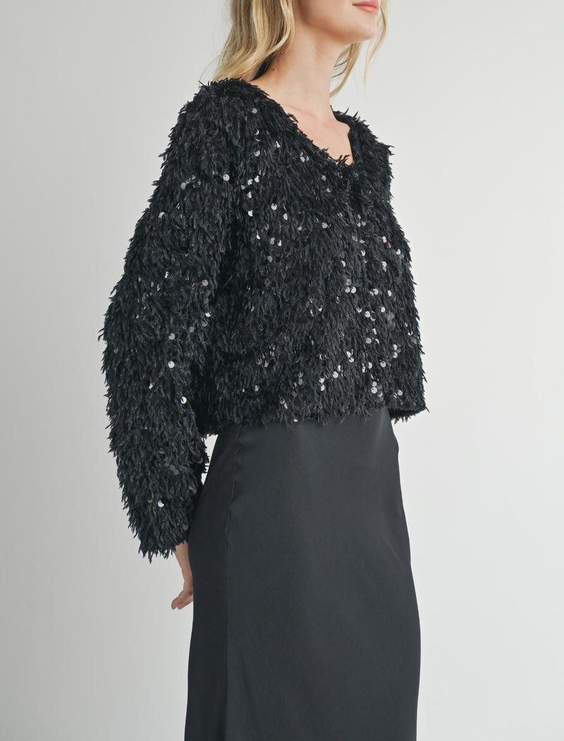 Sadie & Sage Black Fur and Sequin Jacket