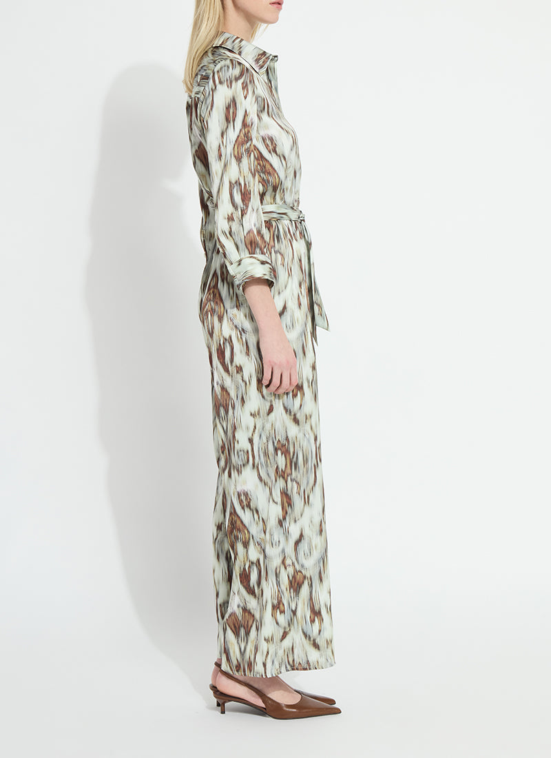 Lysse Dahlia Green/Brown Abstract Belted Satin Jumpsuit – Mena and